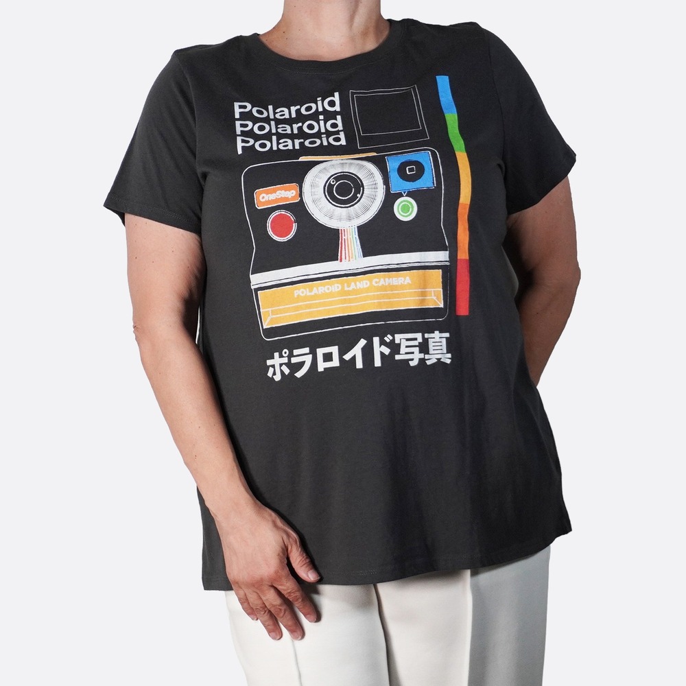 Torrid Retro Camera Polaroid Top Graphic Charcoal Gray Short Sleeve Tee XL 1X